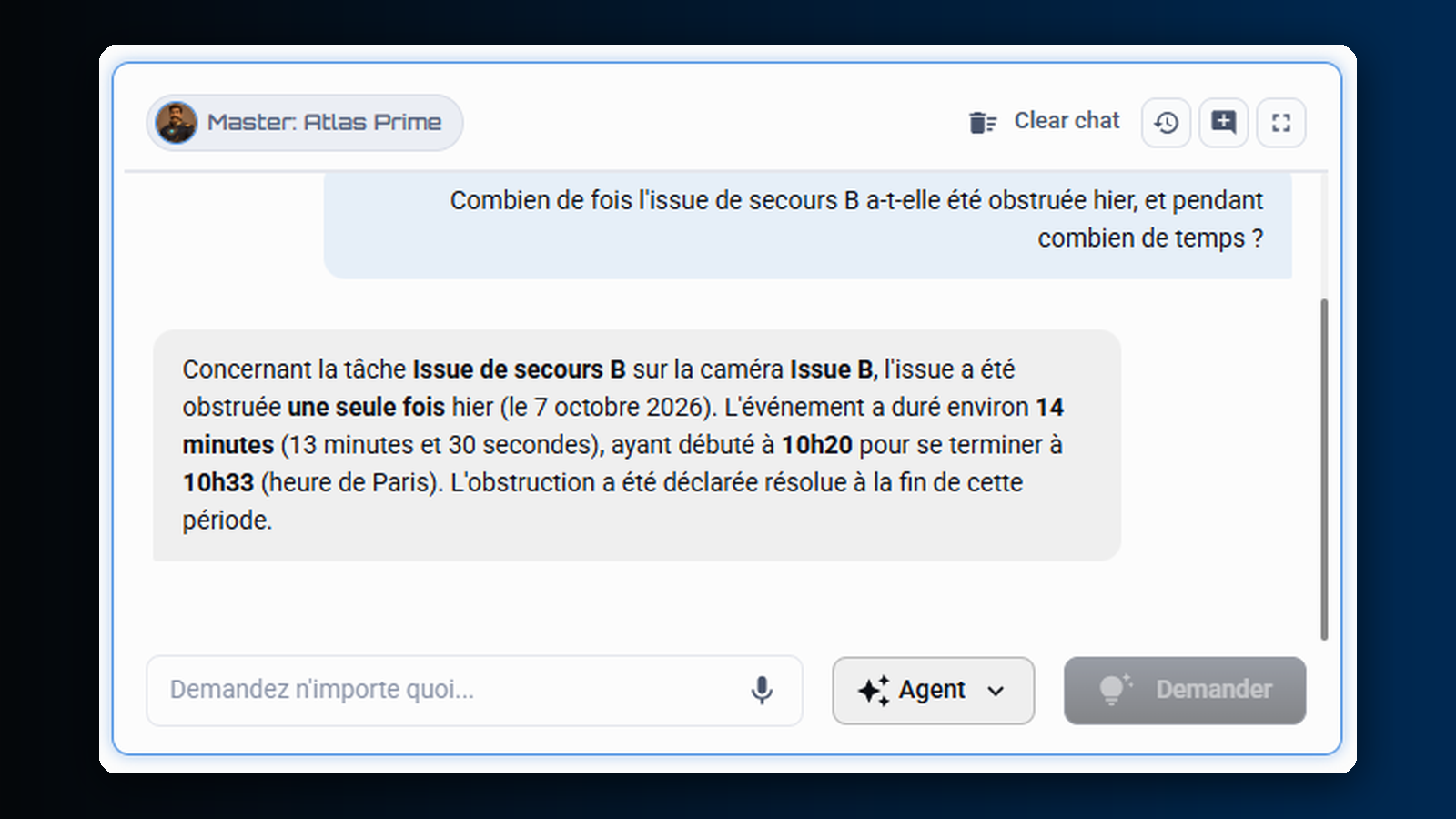 Le chat Camly répond à une question sur les épisodes d'une zone, avec les images de preuve